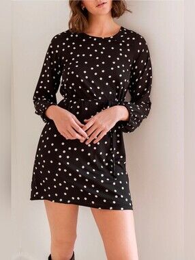 Polka Dot Long-Sleeve Tie-Waist Dress - Black/White